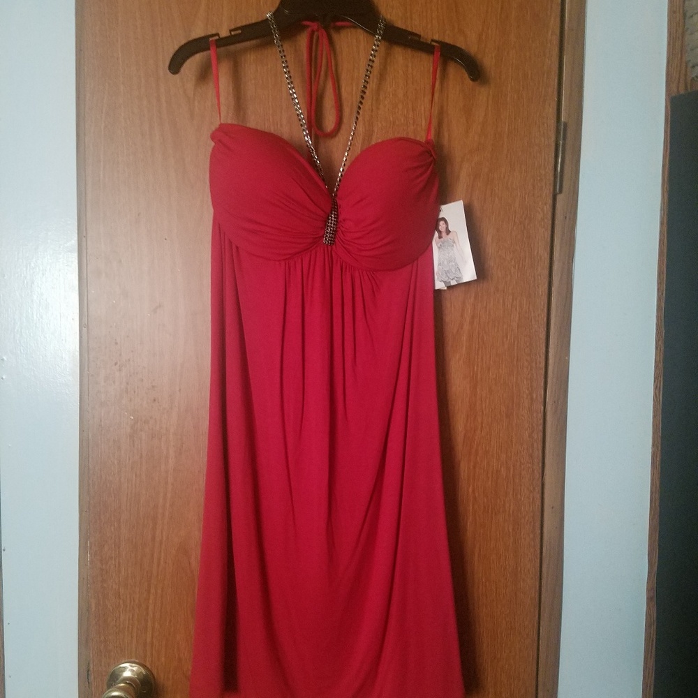 NWT above knee red rhinestone halter dress Large